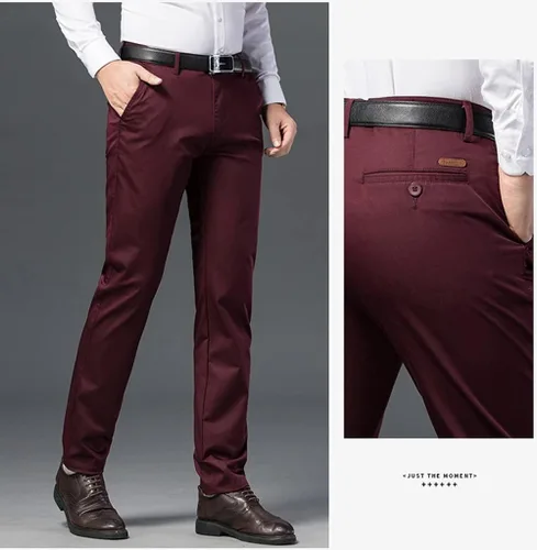 Vista 4 de Banana Bucket Pantalones de vestir ajustados para hombre, pantalones chinos elásticos de color caqui, pantalones casuales planos con bolsillos