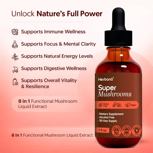 Vista 2 de Super Mushroom Complex 8 en 1 Extracto líquido – Gotas de 2 onzas líquidas con melena de león Reishi Cordyceps Chaga Maitake cola de pavo Shiitake