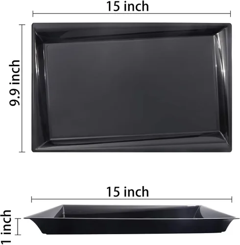 Vista 2 de Supernal Paquete de 12 bandejas de plástico negro para servir, bandejas de plástico de 15 x 10 pulgadas, bandeja de plástico de comida rápida