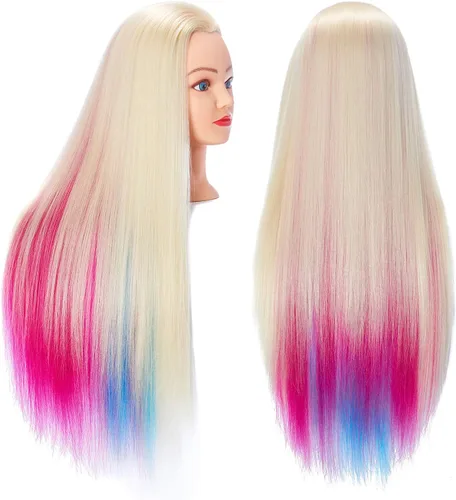 Vista 18 de Hairingrid Cabeza de maniquí de 26 a 28 pulgadas, para entrenamiento de peinado, cosmetología, cabeza de muñeca, pelo de fibra sintética y soporte