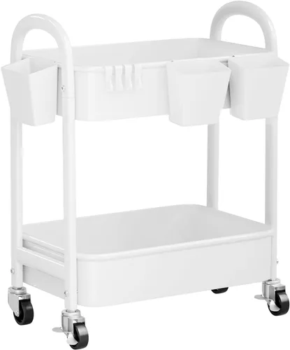 Vista 11 de Carrito rodante de 3 niveles de metal gris, carrito de almacenamiento de malla con asa y ruedas con cerradura, carritos organizadores