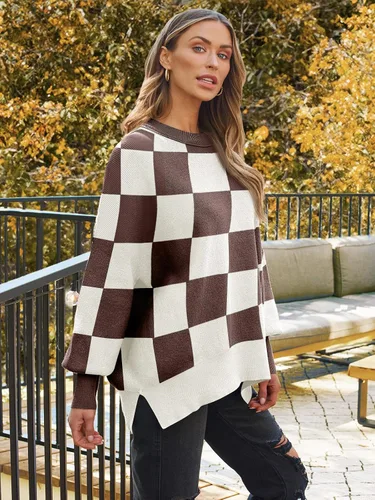 Vista 11 de Lillusory - Suéter extragrande con mangas de murciélago y cuello redondo para mujer, prenda moderna de otoño de tejido de punto sin botones