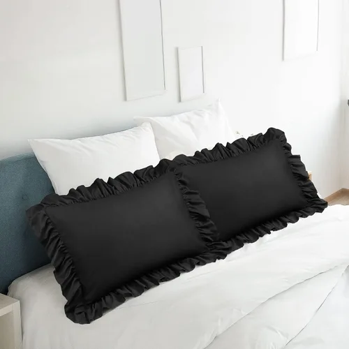 Vista 2 de PiccoCasa Juego de 2 fundas de almohada con volantes, sobre estándar, color Negro