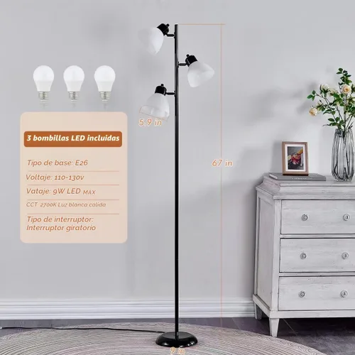Vista 2 de Lámpara de pie moderna estilo árbol para sala de estar y dormitorio, lámpara de pie alta con 3 cabezales ajustables y giratorios para oficina