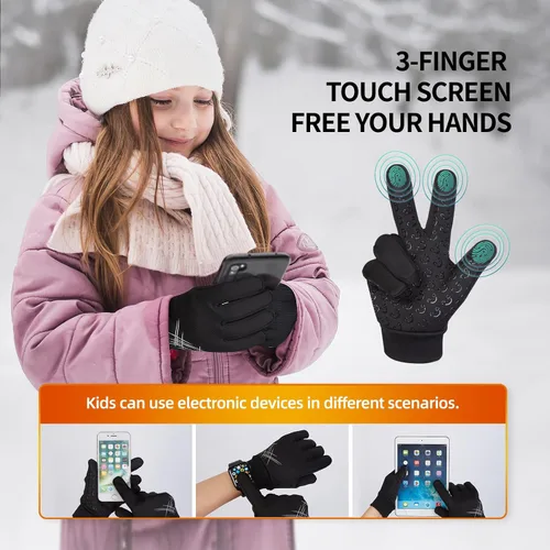 Vista 3 de Guantes deportivos cálidos de invierno para niños, clima frío, pantalla táctil, resistente al viento, para nieve, ciclismo, senderismo, fútbol, al