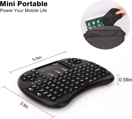 Vista 3 de Teclado táctil Rii i8+ miniatura, inalámbrico 2.4G luz de fondo con ratón para PC/Mac/Android, dorado Negro