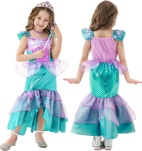 Vista 2 de Esvaiy Disfraz de sirena para niñas, vestido de sirena para Halloween, cumpleaños, princesa, disfraz para niños pequeños