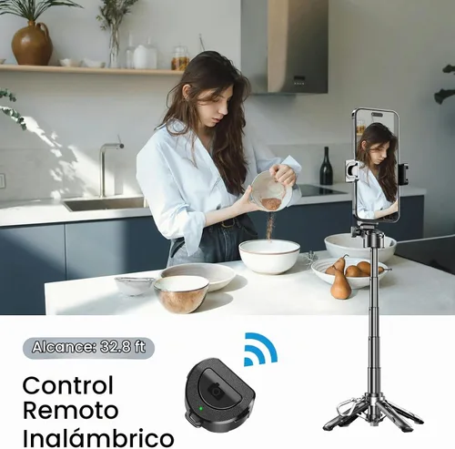 Vista 8 de Trípode para selfie stick con luz de relleno y control remoto Negro