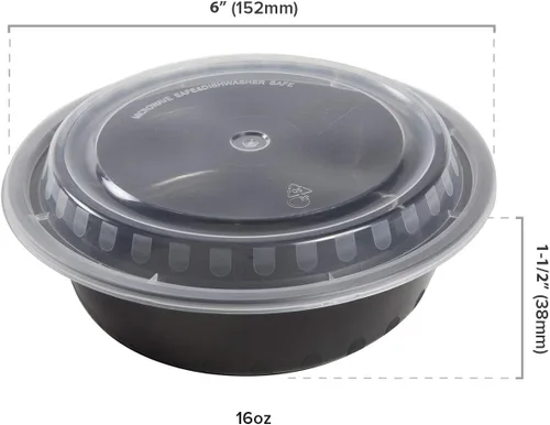 Vista 4 de AmerCare Recipientes redondos de plástico negro de 6 pulgadas con tapas, 16 onzas para microondas o congelador, paquete de 150