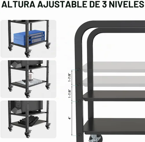 Vista 2 de Soporte de torre para computadora, soporte de piso de PC de altura ajustable de 2 niveles para torre pequeña/media, carrito de metal completo