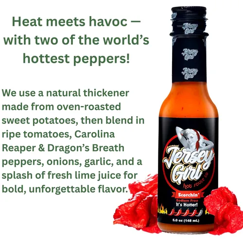 Vista 3 de Jersey Girl Hot Sauce Co Scorchin' - Salsa picante sin sal ni sodio, 5 onzas, salsa de pimienta Carolina Reaper & Dragon's Breath (paquete de 2)