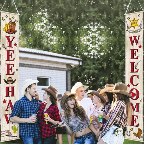Vista 3 de Blulu Decoración de puerta de fiesta de vaquero occidental, decoración temática del salvaje oeste, cartel colgante de porche de bienvenida Yee Haw