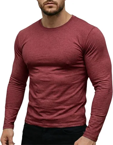 Vista 11 de Camiseta muscular para hombre, cuello redondo, manga larga, suave, elástica, básica, casual