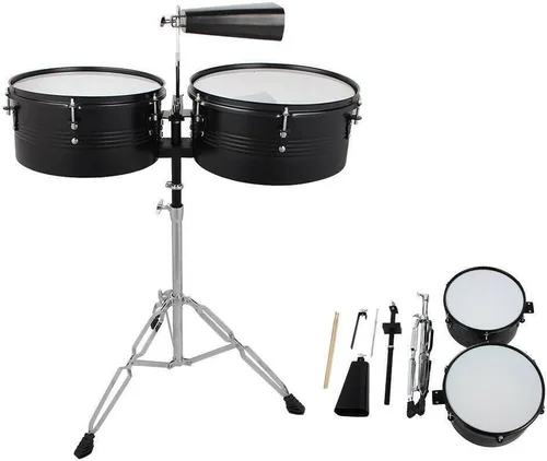 Vista 9 de Lykos Percussion - Juego de batería Timbales de 13 y 14 pulgadas con soporte y cencerro (dorado)