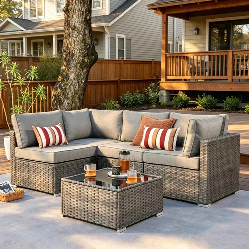Vista 53 de HOOOWOOO Patio Sectional Furniture Set,2 Piece Couch Set with 2 Matching Armless Chairs(Beige)
