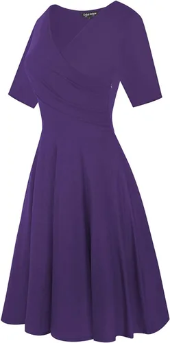 Vista 4 de oxiuly OX233 - Vestido informal, cruzado, con cuello en V, estampado floral, acampanado, por debajo de la rodilla y de verano para mujer