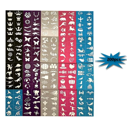 Vista 3 de Juego de 200 plantillas de pintura facial para pintura facial y corporal, plantillas de tatuaje, adecuado para cumpleaños, Halloween, Navidad