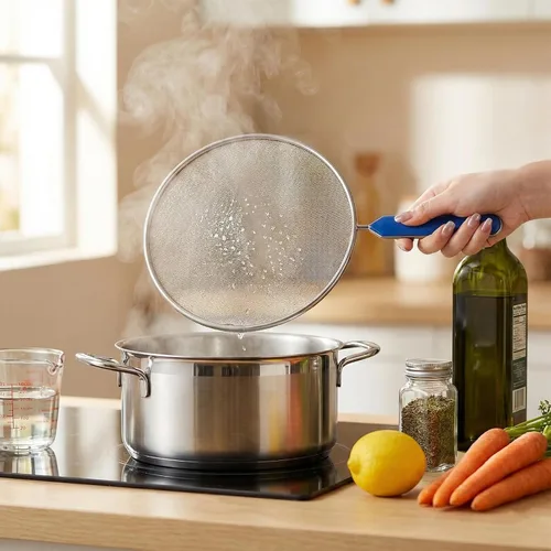 Vista 6 de Protector contra salpicaduras de grasa de 8.3 pulgadas para sartén, pantalla de grasa de acero inoxidable con mango de agarre, malla ultra fina que