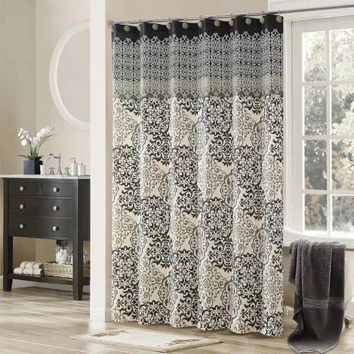 Vista 2 de Cortina de ducha de tela negra y beige, cortina de ducha con estampado de medallón vintage, cortina de baño decorativa impermeable, 72 pulgadas