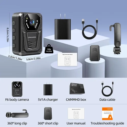 Vista 8 de CAMMHD Cámara corporal F6 1TB 4K, trabajo de 12 a 14 horas y visión nocturna ultra, cámaras corporales impermeables con grabación de audio y video