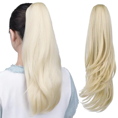 Vista 2 de Extensiones de cola de caballo, extensiones de cabello rubio con clip de garra de 18 pulgadas para mujer, pieza de cabello lacio, sintético