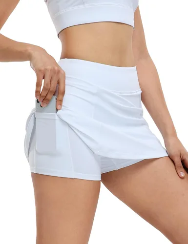 Vista 2 de 1a1a Falda de tenis blanca de 15 pulgadas para mujer faldas de golf con pantalones cortos y bolsillos para mujer cintura alta pantalones cortos