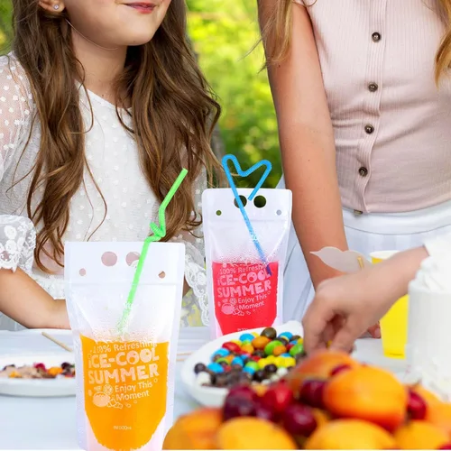 Vista 7 de Teenitor 100 bolsas de bebida con pajitas, bolsas de bebidas para jugos para adultos, bolsas de bebida reutilizables para licuados de jugos, bolsas