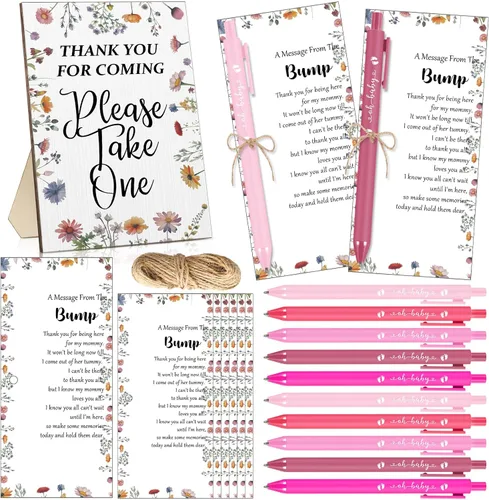 Vista 16 de Sintuff Juego de 50 Recuerdos de Baby Shower para Invitados 1 Letrero de Agradecimiento por Venir 50 Bolígrafos 50 Tarjetas de Agradecimiento