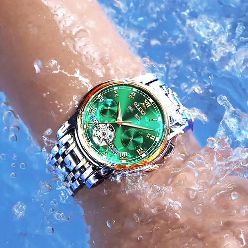 Vista 4 de OLEVS Relojes de cuerda automática para hombre vestido mecánico automático Tourbillon de acero inoxidable doble calendario impermeable luminoso