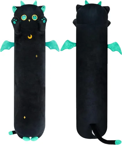 Vista 3 de Mewaii 2 almohadas largas de felpa de gato negro de 44 pulgadas + almohada de felpa de 44 pulgadas con ojos grandes de gatito