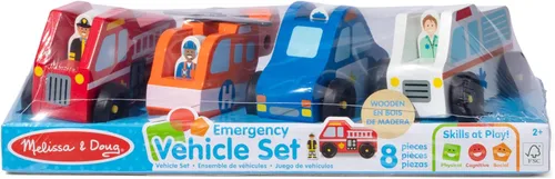 Vista 6 de Melissa & Doug – Juego de vehículos de emergencias de madera con 4 vehículos, 4 figuras de juego