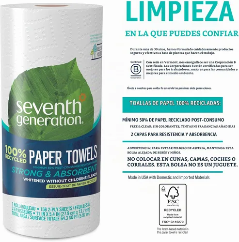 Vista 7 de Seventh Generation Toallas de papel, 100% papel reciclado, 2 capas, 1 rollo (el embalaje puede variar)