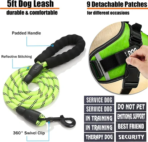 Vista 4 de Chaleco para Perro de Servicio, 9 Parches Arnés para Perro sin Tirones y Correa con Asa, Chaleco para Mascota Fácil de Poner y Quitar con Correas