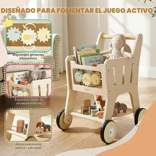 Vista 4 de Pithfor Carrito de compras de madera para niños, 3 en 1 caminante de madera para bebés, cochecito de muñeca de bebé, carrito de compras de juguete
