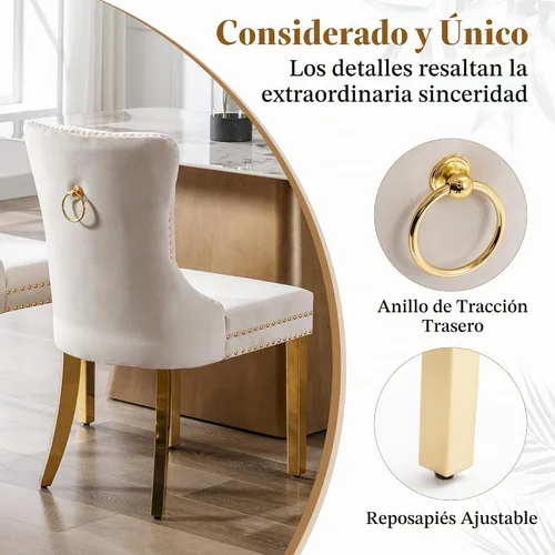 Vista 5 de Juego de 2 sillas de comedor de terciopelo beige, elegantes capitoné