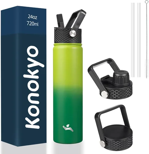 Vista 104 de Konokyo - Botella de agua aislada de 18 onzas, botellas deportivas de acero inoxidable con 3 tapas, verde militar