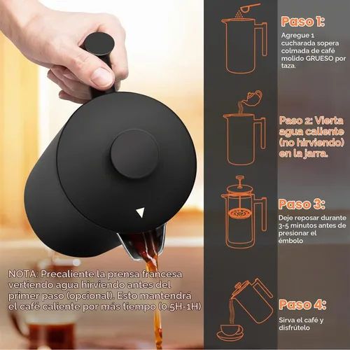 Vista 7 de Secura Cafetera de prensa francesa con filtro de acero inoxidable de 3 capas, 34 onzas, negro, diseño aislado de doble pared con 2 filtros