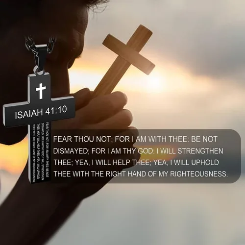 Vista 3 de SKQIR Collar de cruz para hombres con versículo de la Biblia, escritura religiosa cristiana para la primera comunión, colgante de cruz para niños