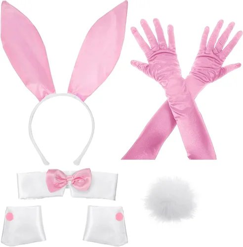 Vista 13 de Zhanmai Juego de accesorios de disfraz de conejo de Halloween para mujer Diadema de orejas de conejo rojo rosa, puños, cola y guantes, accesorio