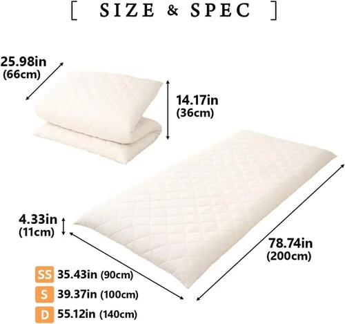 Vista 2 de EMOOR Colchón de futón japonés extra grueso, con dobladillo pequeño, tamaño individual, fabricado en Japón, color blanco, plegable, cama