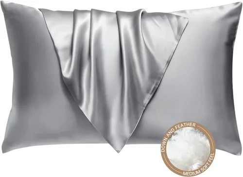 Vista 13 de BHZ Almohada estándar de plumas de ganso con funda de almohada de satén, almohada de cama de lujo de la colección de hotel para dormir, soporte