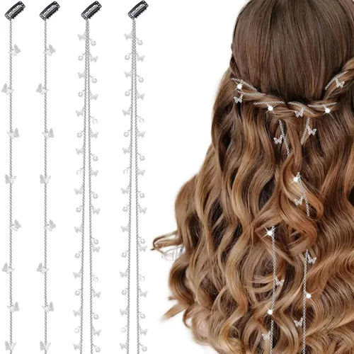 Vista 7 de 4 cadenas trenzadas de cabello de mariposas, joyas para el cabello con diamantes de imitación, pinzas para el cabello de mariposas, accesorios