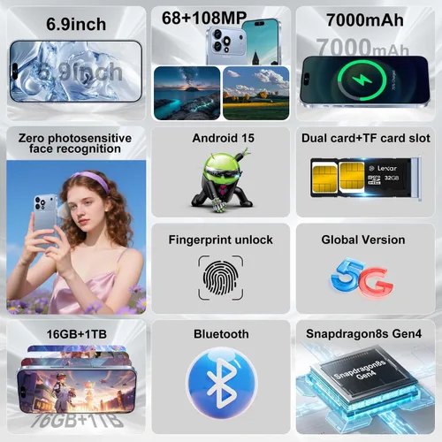 Vista 2 de Huness Teléfono celular desbloqueado de 17 PM 16+1TB, pantalla HD de 6.9 pulgadas, Android 15 7000mAh batería de larga duración, 5G/doble SIM/botón