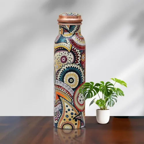 Vista 10 de ALV - Botella de agua de cobre de 34 onzas, botella de cobre puro martillado para beber, recipiente ayurvédico 100% para botella de tapa a prueba