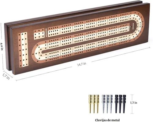 Vista 7 de AMEROUS Juego de Cribbage de Mesa de Madera con Bloqueo Magnético - Clavijas de Metal - 2 Cartas de Juego - Tablero Continuo de 3 Vías - Área