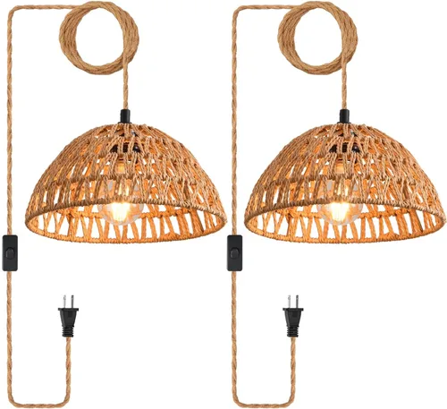 Vista 13 de Lámpara colgante industrial con cable enchufable, interruptor de encendido/apagado de cuerda de cáñamo, lámpara colgante de granja para comedor