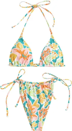 Vista 40 de ZAFUL Bikinis triangulares estampados para mujer, 2 piezas, bikini halter, traje de baño de corte alto, traje de baño con lazo lateral 0-negro a