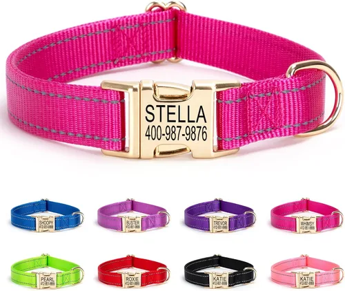 Vista 20 de Collar personalizado para perro con etiqueta de nombre, collar de nailon reflectante para mascotas, collares de perro con hebilla dorada grabada