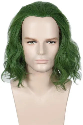 Vista 4 de Linfairy Peluca corta de payaso verde para Halloween, cosplay, peluca rizada