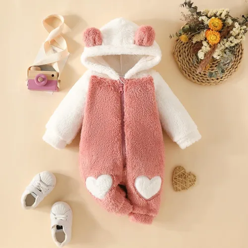Vista 2 de iQKA Toddler Newborn Baby Boys Girls Bodysuits Coral Velvet Heart Print Fashion Cute Ears Hooded Soft Winter Warm